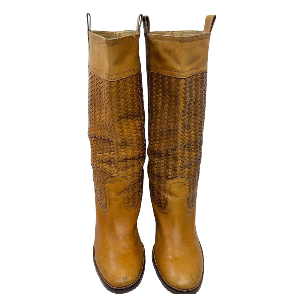 Cole Haan Woven Leather Tall Boots Womens 8.5 Block Heel Lug Sole Camel Tan - Picture 3 of 12